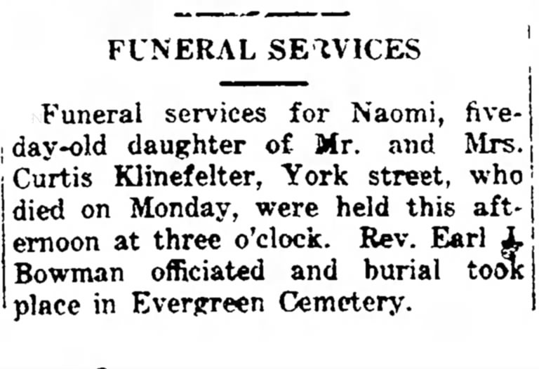 Marian Naomi Klinefelter funeral notice-Feb 1925