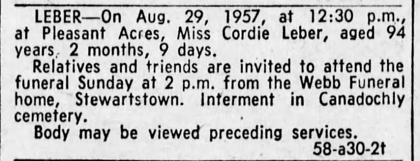 Cordie Leber death notice-Aug 1957