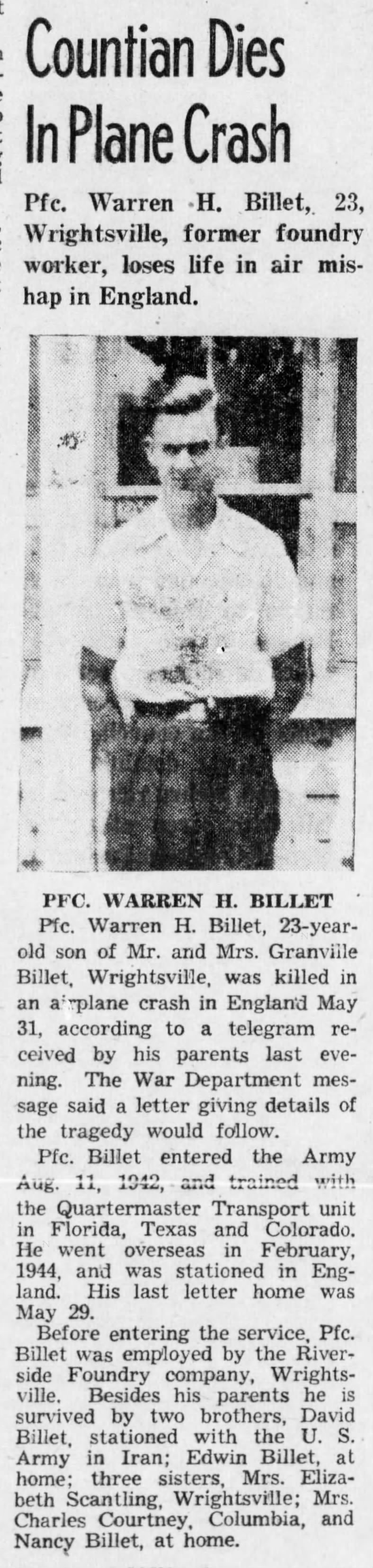 Warren Billet death-Jun 1945