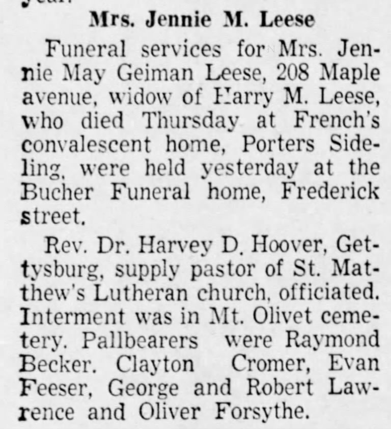 Jennie Geiman Leese funeral notice-Nov 1956