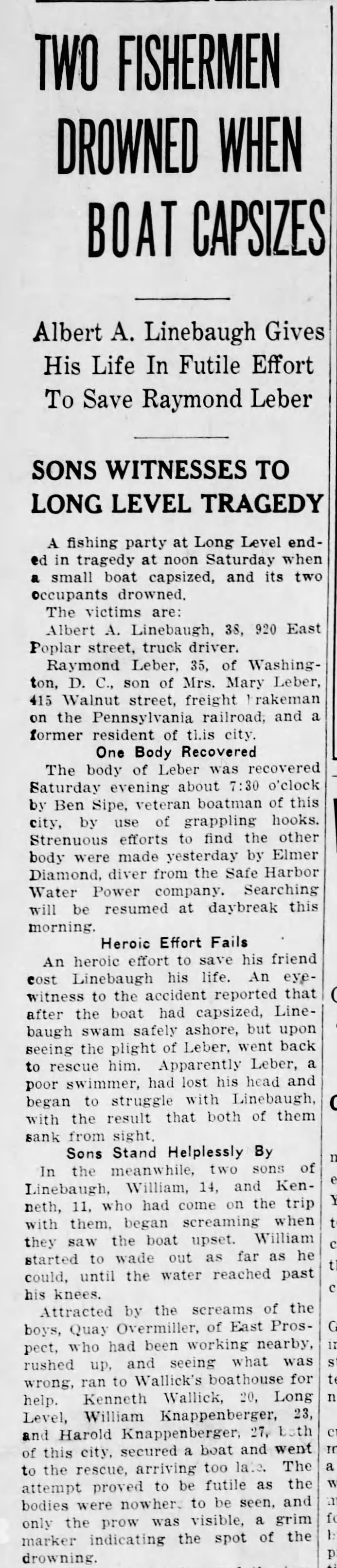Albert Linebaugh death by drowning-May 1937