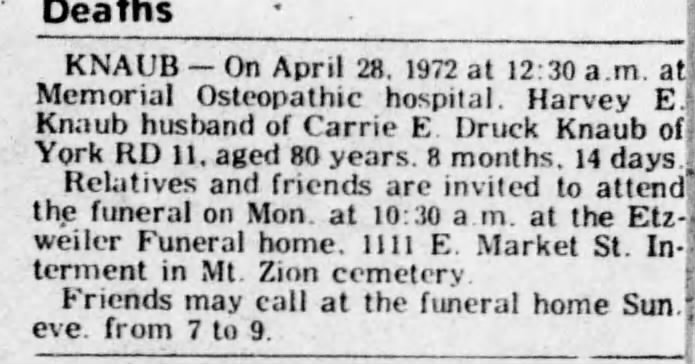 Harvey Knaub death notice-Apr 1972