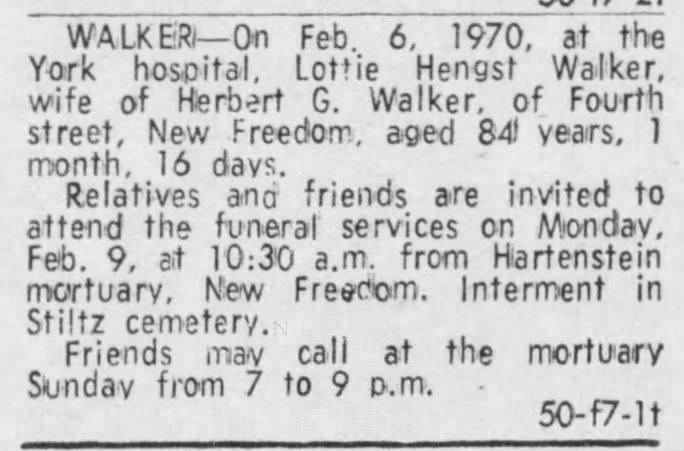Lottie Hengst Walker death notice-Feb 1970A