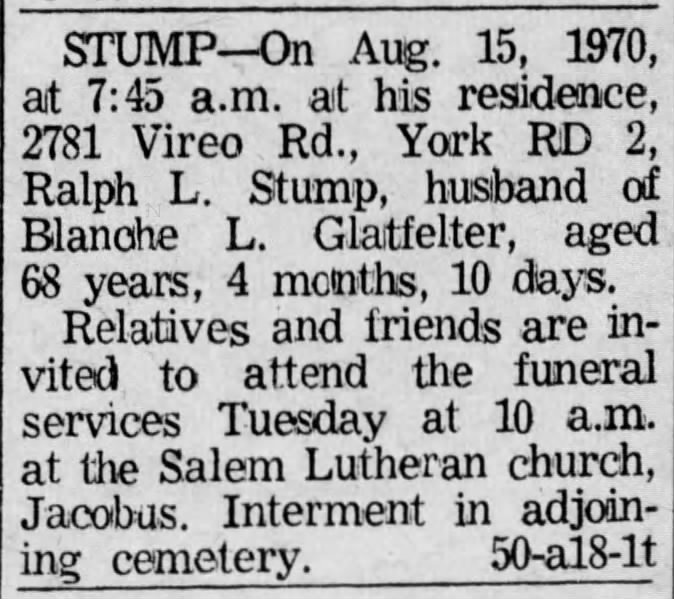 Ralph Stump death notice-Aug 1970