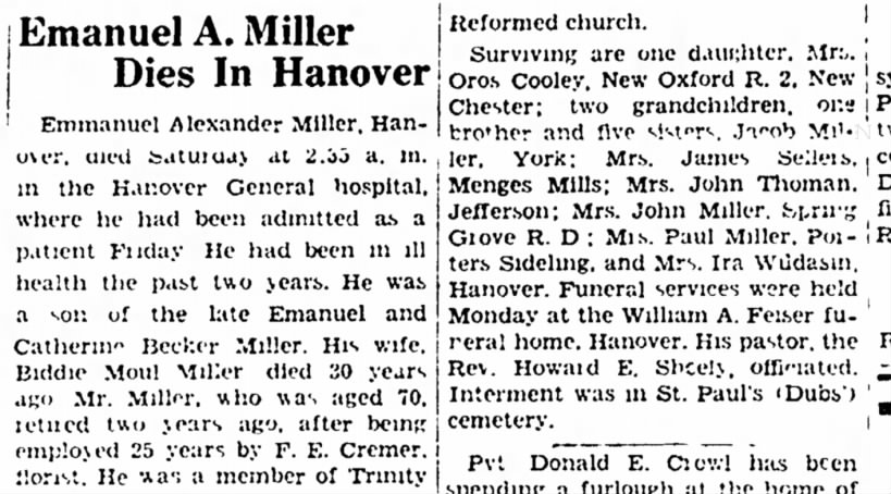 Emanuel A Miller obit-Dec 1949-Husband of Biddie Moul Miller