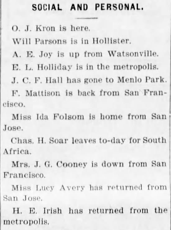 Santa Cruz 23 May 1896 H E Irish returns from metropolis