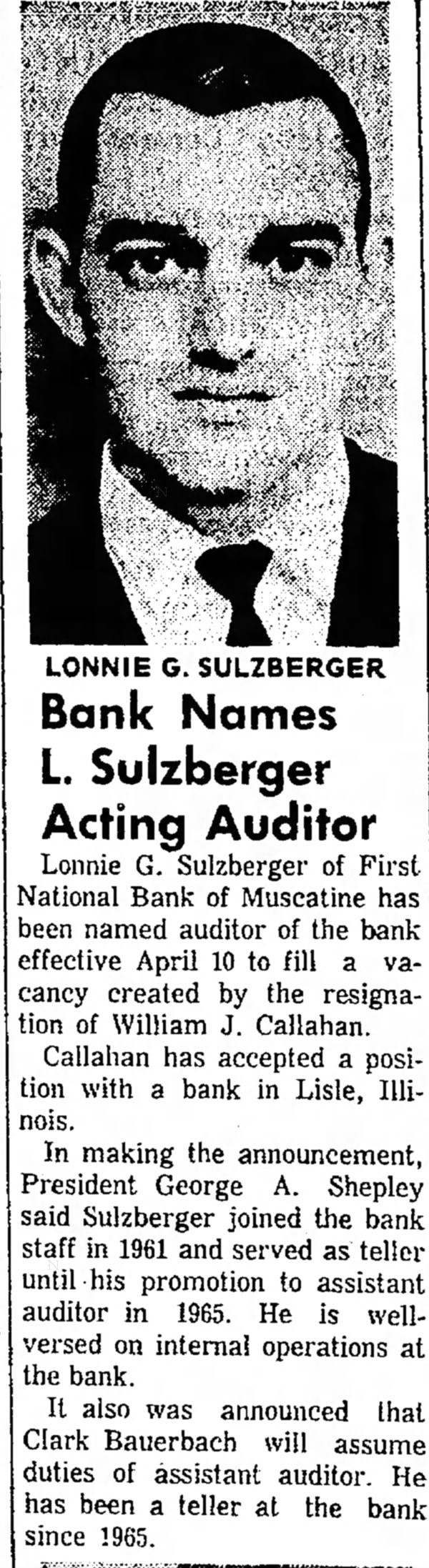 Bank names L. Sulzberger Auditor from Muscatine Journal 4/4/1967
