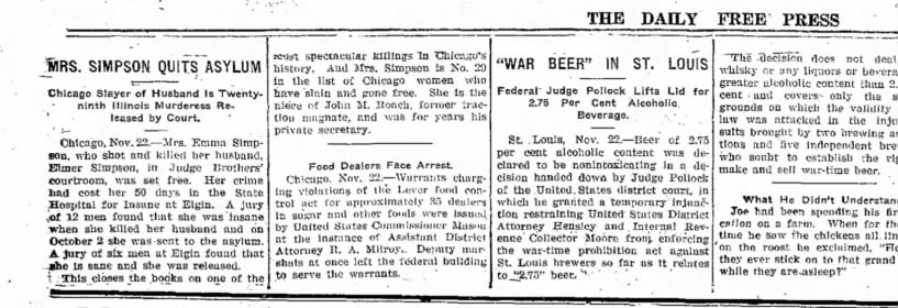 Emma Simpson set free, 22 Nov 1919 - The Daily Free Press, Carbondale, IL.