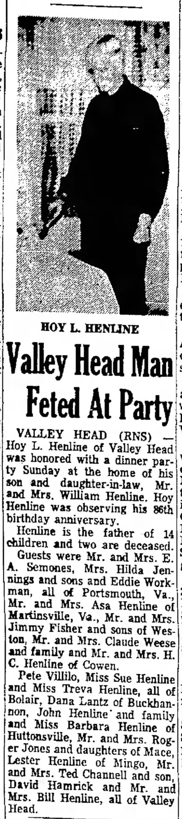 Henline, Hoy Lewis
Beckley Post Herald 31 Mar 1965 page2