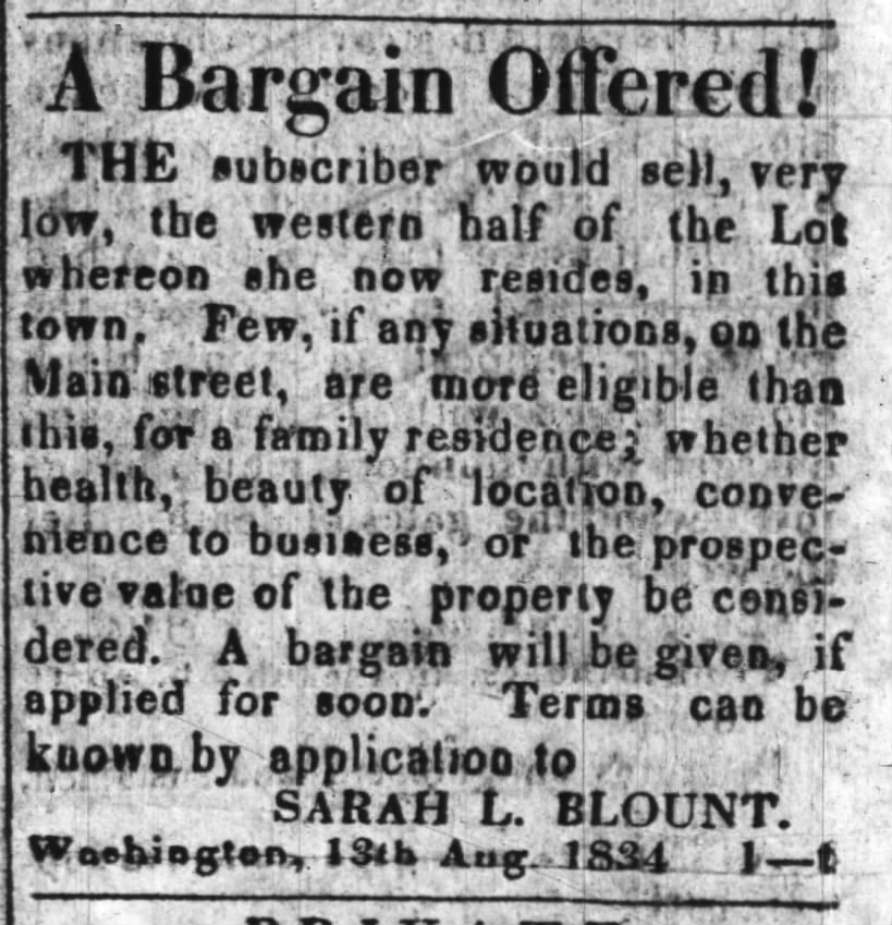 Sarah L. Blount sells half of lot in Washington