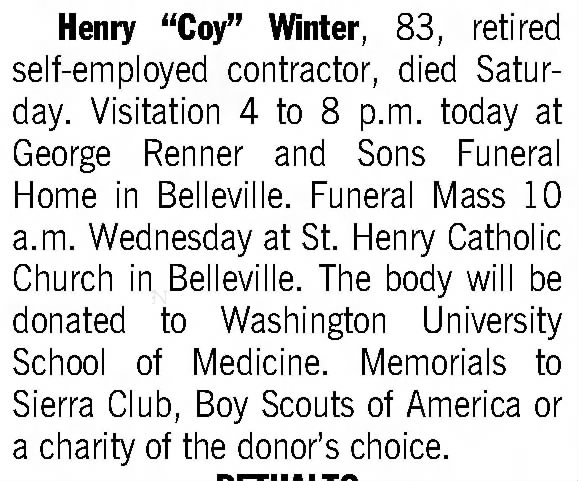 Henry "Coy" Winter obituary