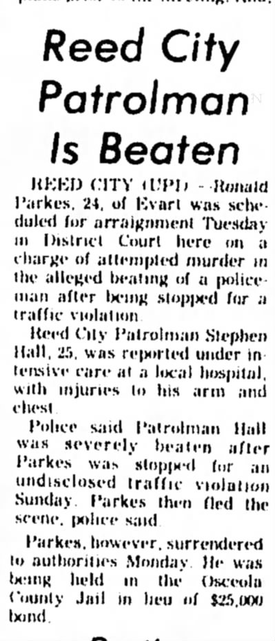 RC Patrolman Stephen Hall beaten Oct 24, 1972 Ludington Daily News