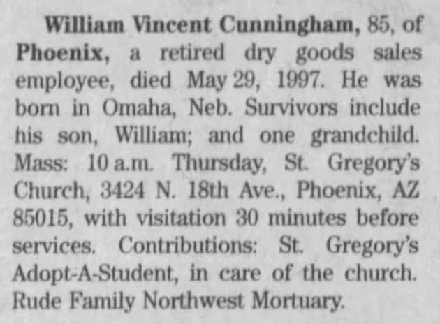 William Vincent Cunningham, OBIT June 3, 1997 Arizona Republic