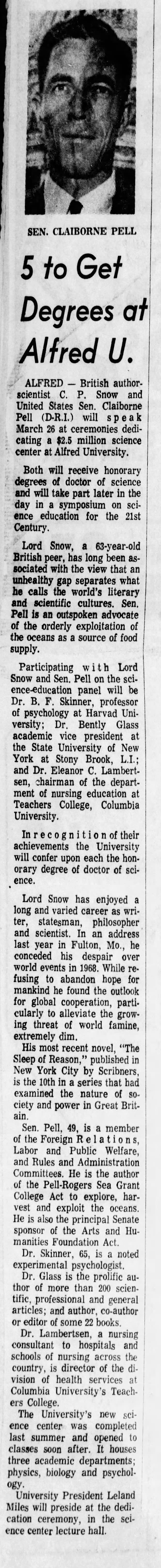 Claiborne Pell article with picture Democrat and Chronicle March 10, 1969