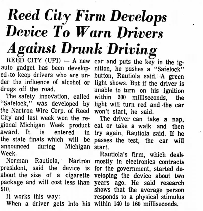 Nartron develops Drunk Driving Prevention Device May 4, 1970