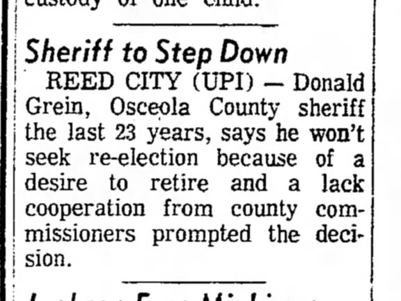 Holland Evening Sentinel 4, 22, 1976 Osceola Co. Sheriff Donald Grein steps down
