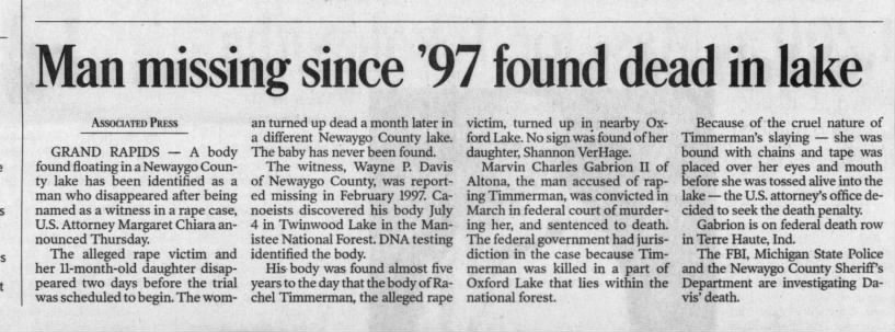 Man Missing since 97 found dead in lake Aug 3, 2002 Lansing State Journal