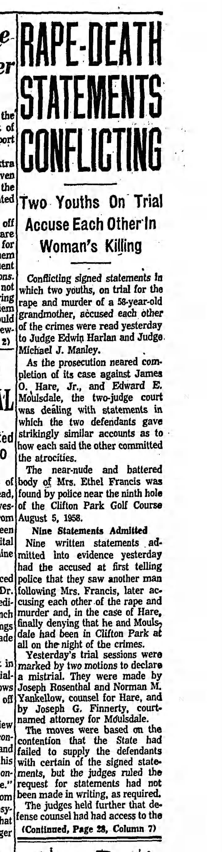 Rape-Death Statements Conflicting Baltimore Sun Dec. 9, 1959 1 of 2