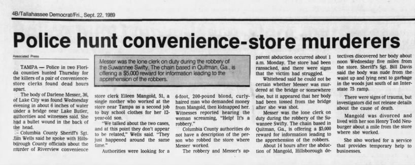 Police hunt convenience store murderers Sept 22, 1989 Talahassee Democrat