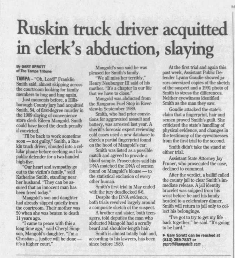 Ruskin Truck Driver acquitted in clerk's abduction, slaying Nov 8, 2000 Tampa Tribune