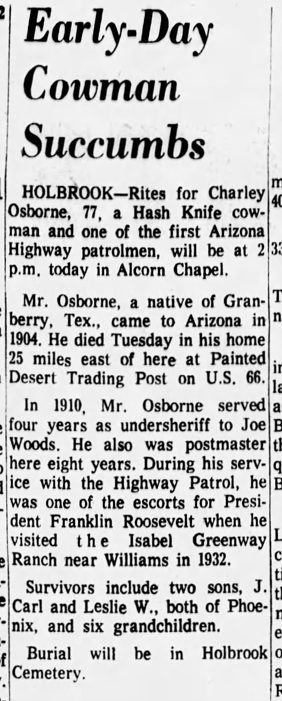 Charley Osborne, died at his home at the Painted Desert Trading Post, Dec. 1962.