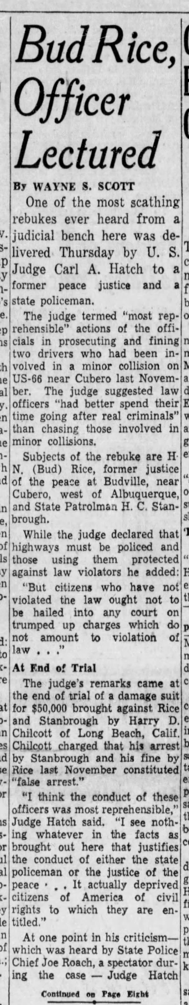Bud Rice, Officer Lectured by Judge
May 27, 1955
Bud Rice of Budville, NM