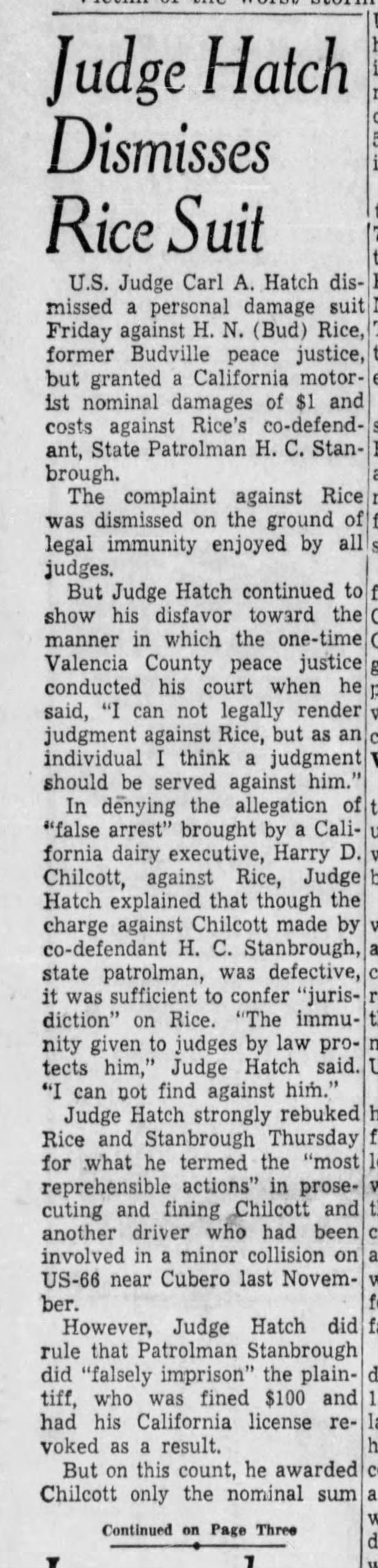 Judge Hatch Dismisses Bud Rice Suit.
May 28, 1955
Budville, New Mexico near Cubero