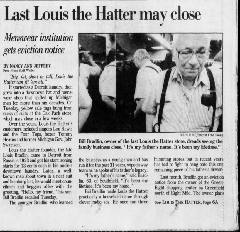 Detroit Free Press, 15 Jul 1992, pg 1, Last Louis the Hatter may close