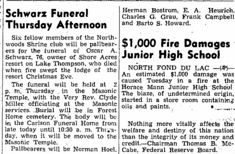12/28/1949 obit for Annette's husband, died in fire at Lake Thompson