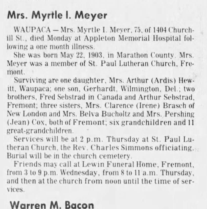 Sebstead, Myrtle OBIT Oshkosh Northwestern 19 Sep 1978 p 26, accessed 14 Aug 2017, newspapers.com
