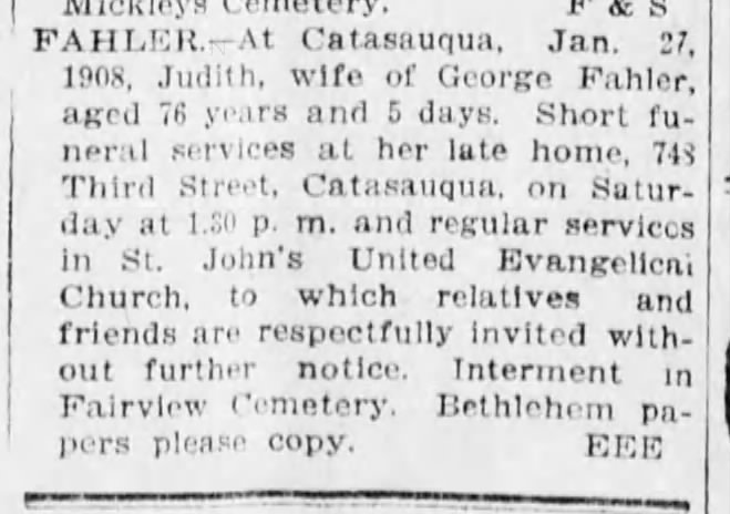1908 Fahler obit, Judith, age 76, 748 Third, wife of George