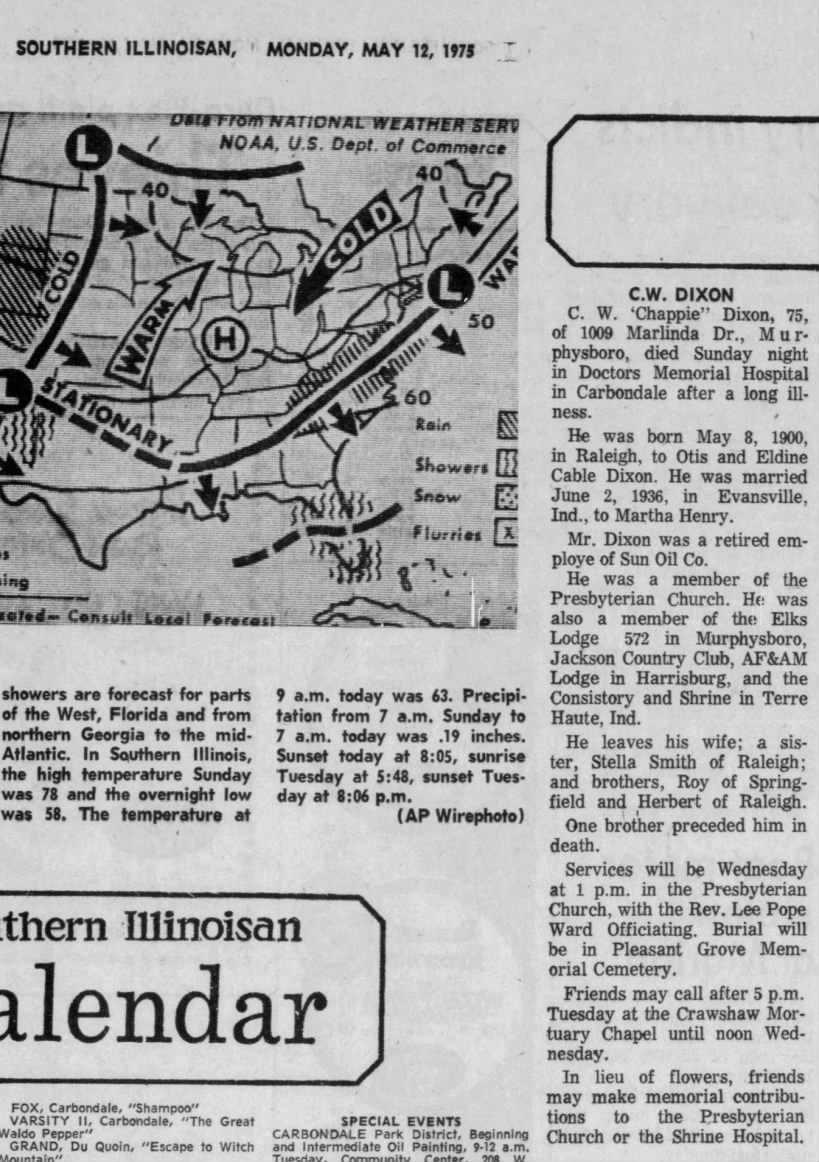 Charles W Dixon's death notice Southern Illinoisian May 12, 1975