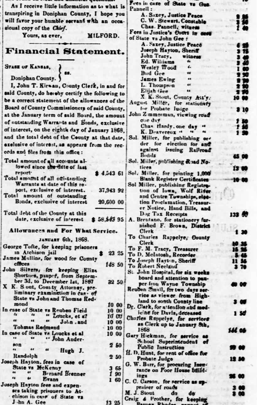 Court Fees - State vs John Gee - White Cloud Kansas Chief - 1-30-1868