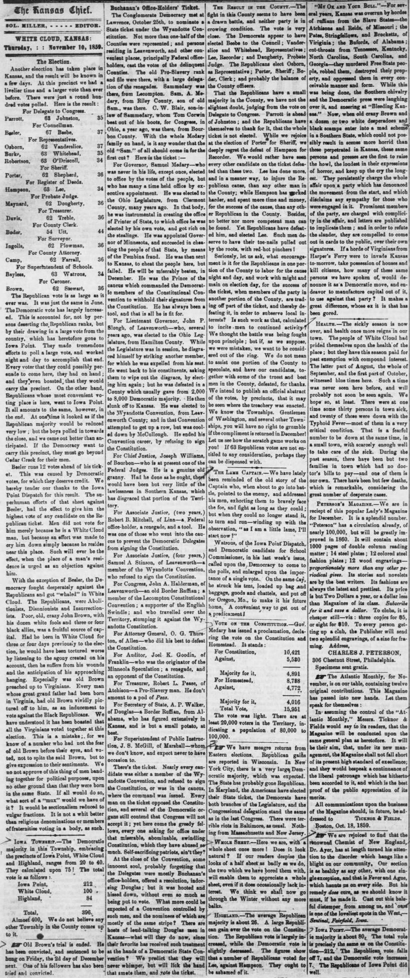 Election Results for Kansas - White Cloud Kansas Chief - 11-10-1859