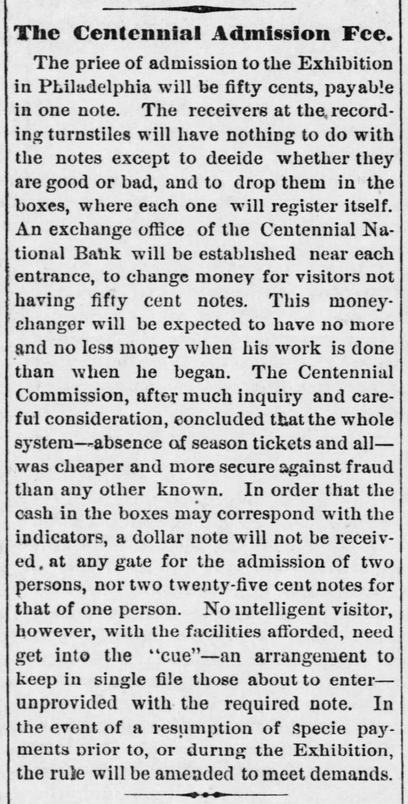 The Centennial Admission Fee 3-29-1876