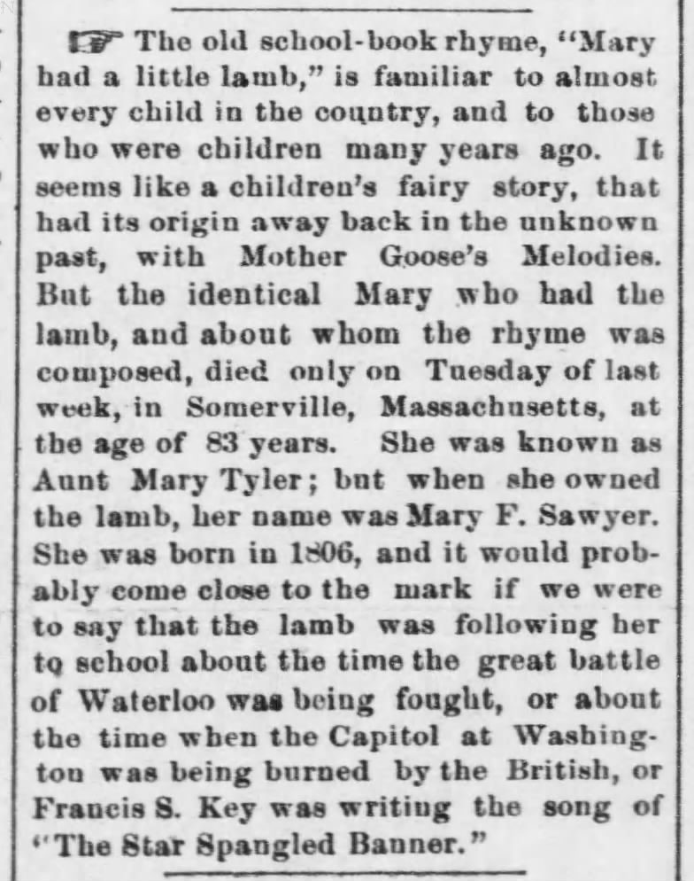 Origin of "Mary had a little lamb" Nursery Rhyme 12-19-1889