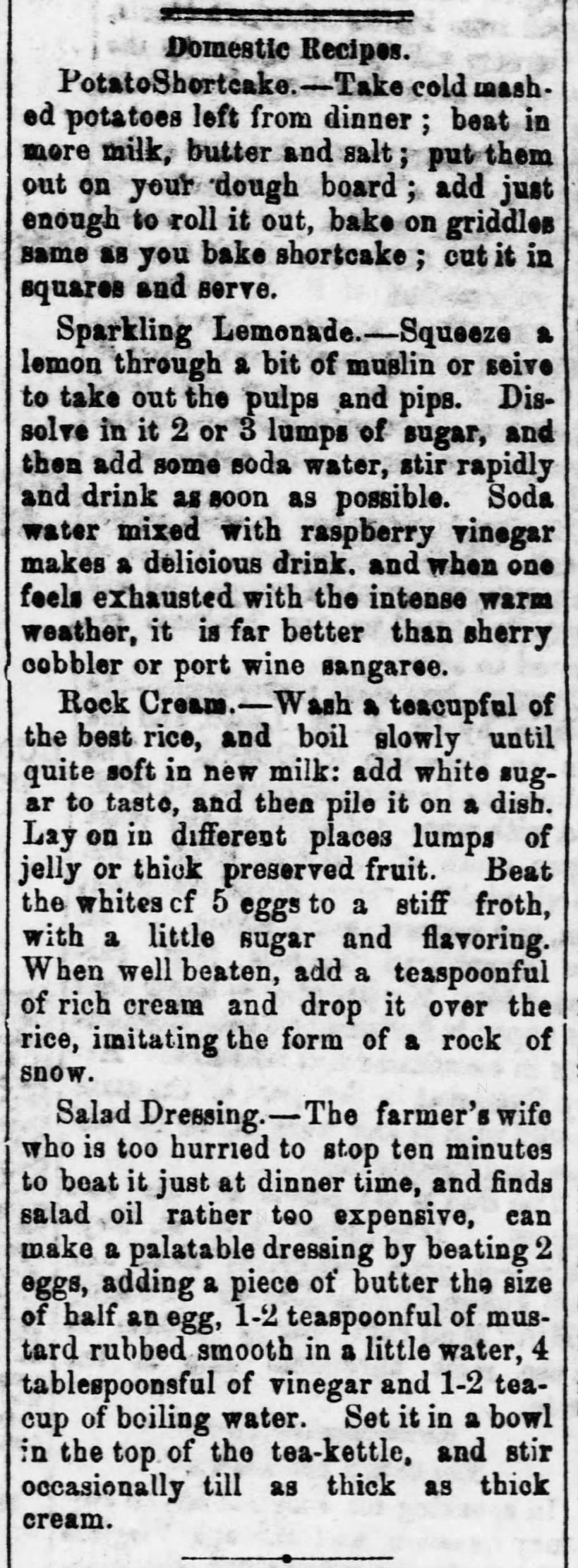 Domestic Recipes (including Sparkling Lemonade) 8-18-1875