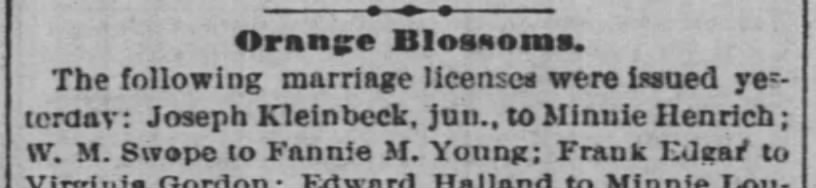 Kleinbeck, Joseph  Minnie Hendrich Marriage License. The Cincinnati Enquirer, Ohio 21 Nov 1878