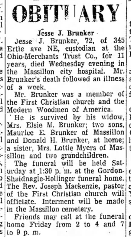Jesse James Brunker obituary from Evening Independent, Massillion, Ohio Jan 7, 1954