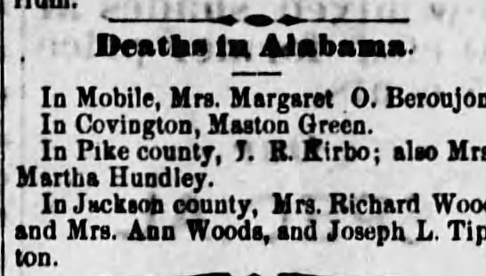 J.R. Kirbo death, Pike County, Alabama; Montgomery Advertiser, 5 Jun 1883, page 3