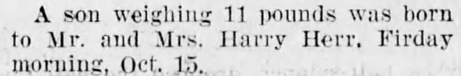 Raymond Albert Herr's birth, 15 Oct 1937, The News Herald, Franklin, PA