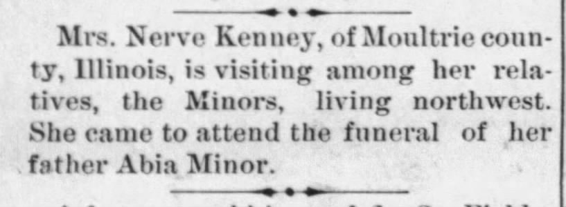 Abia Minor's funeral, Harper Sentinel, Harper, KS, 18 July 1889, p. 5.