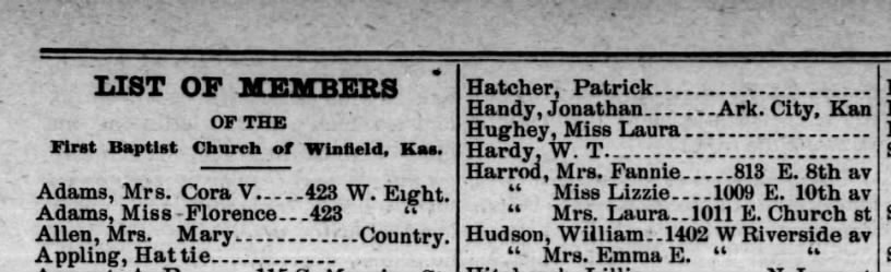 Patrick Hatcher: member of First Baptist Church of Winfield KS 1 Nov 1890