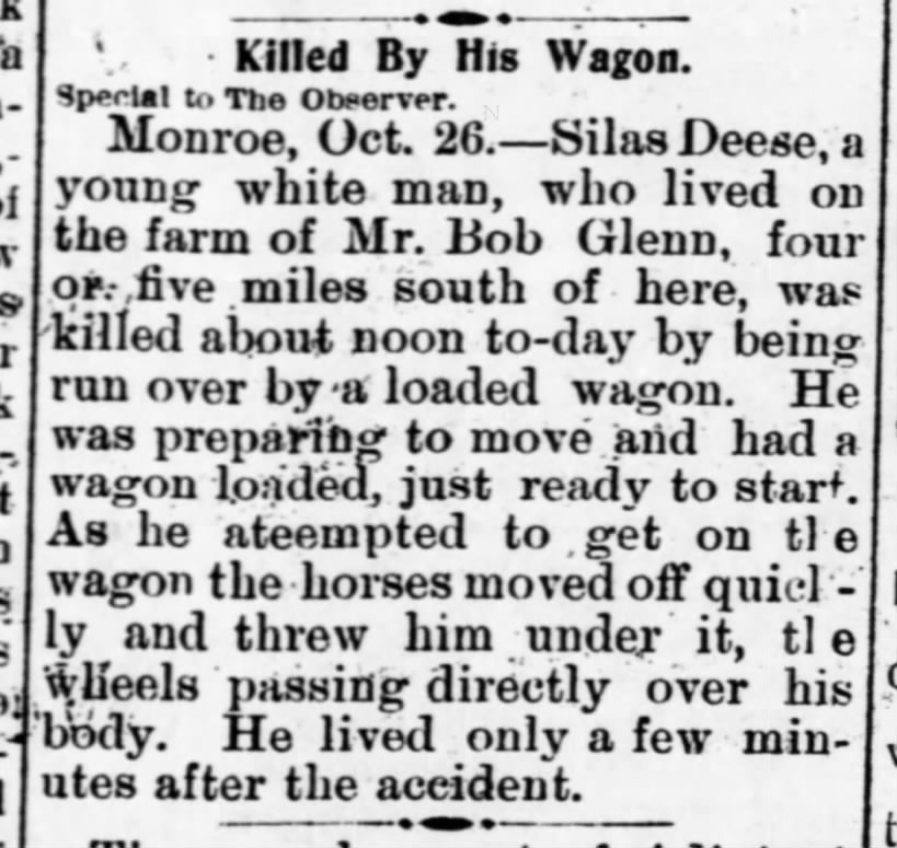 Sila Deese killed by wagon in Oct. 1900