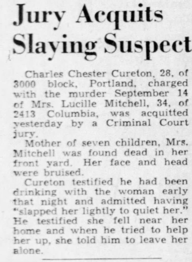Charles Cureton acquitted in murder of Lucille Mitchell December 12, 1946