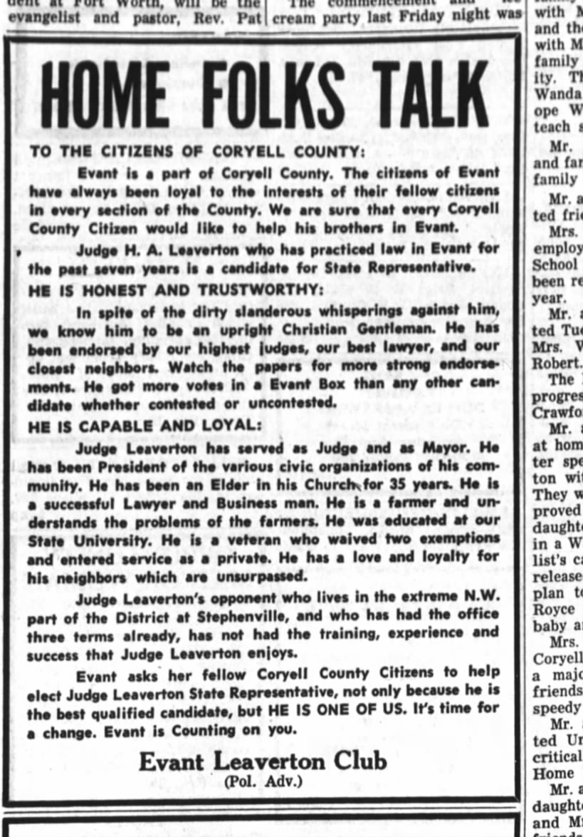 Political advertisement when Judge HA Leaverton ran for TX State Representative 1958