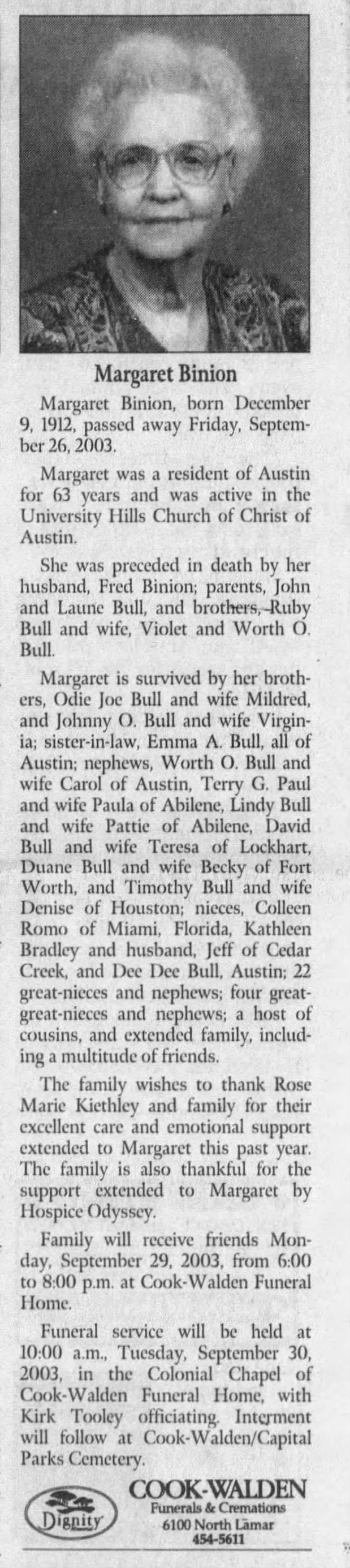 Margaret Bull Binion Obituary