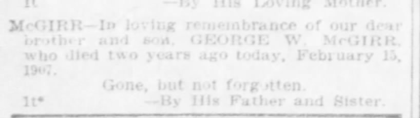 The Washington Times (Washington, District of Columbia) 15 Feb 1909 Remembrance George W McGirr