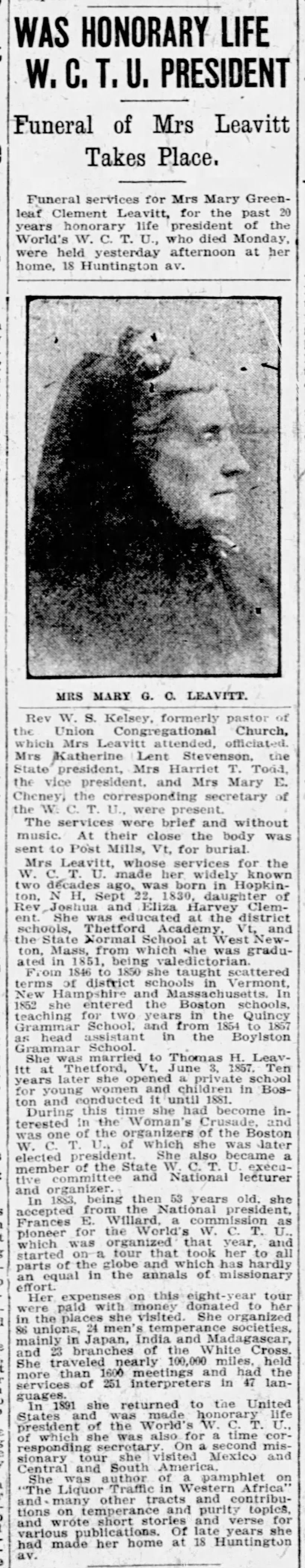 Mary Clement Leavitt obit 1912