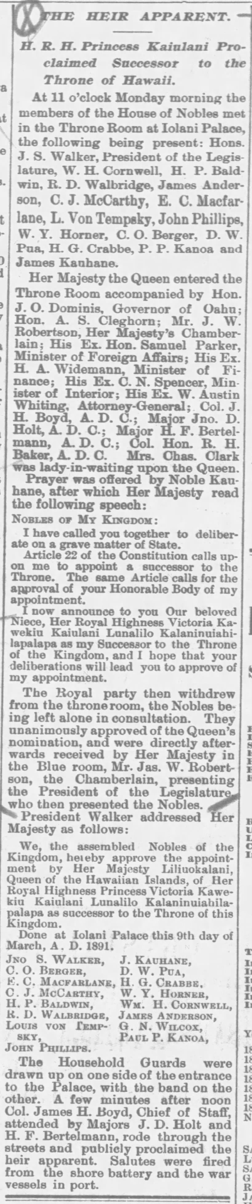 H.R.H. Princess Kaiulani Proclaimed Successor to the Throne of Hawaii